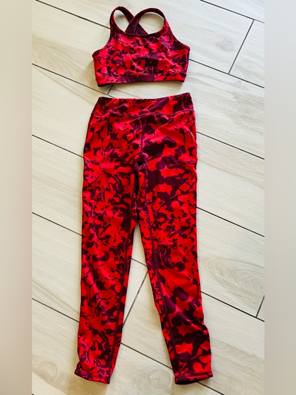 Zella Burgundy London Camo Leggings High Waist Girl Size 8/10 Top, 10/12 Bottom